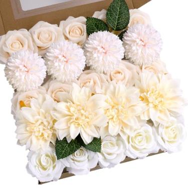 Imagem de BSMYBO Combo de flores artificiais, rosas falsas, dália, flores bege, bola de crisântemo artificial com hastes para casamento, buquês de noiva, centros de mesa, decoração de casa para chá de bebê
