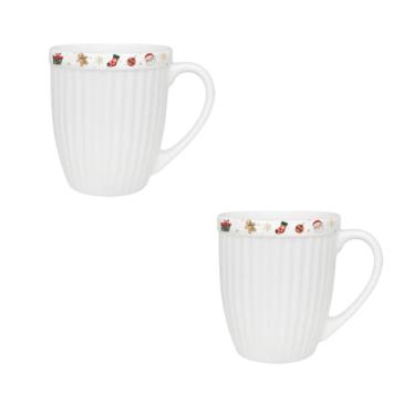 Imagem de Kit de 2 Canecas de Cerâmica 390ml 2ª Linha - Tema Natal Feliz, Ideal para Presente e Uso Doméstico (Branca Enfeites)