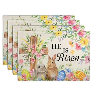 Imagem de Wnoesat Jogo americano de Páscoa He is Risen, conjunto de 4 tapetes de mesa com cruz floral, coelho, 30,5 x 45,7 cm, para decoração de mesa de jantar, festa, cozinha