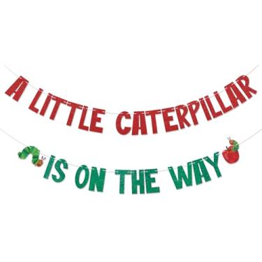 Imagem de Faixa A Little Caterpillar is on the Way - Very Hungry Caterpillar Welcome Baby Bunting Sign, Cartoon Caterpillar Baby Shower Gênero Revelar Decorações de Festa Verde e Vermelho Glitter