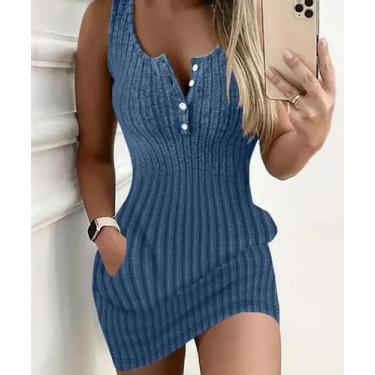 Imagem de Vestido Regata Feminino Elegante Com Botões Frontais E Bolsos, Modelo 