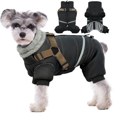 Imagem de BRKURLEG Casaco preto para cães com arnês, jaqueta de inverno para cães, macacão para cães, casacos de inverno refletivos à prova de vento e frio, jaqueta impermeável para animais de estimação para