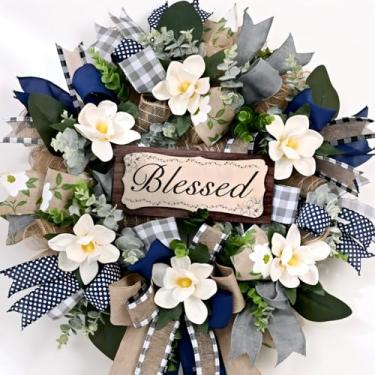 Imagem de Waipfaru Guirlandas de magnólia para porta da frente, guirlanda de primavera e verão de 55 cm com arco de eucalipto e azul cinza, guirlandas para decoração de portas de varanda e quinta, pátio, todas