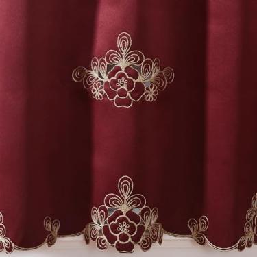 Imagem de 3 cortinas de cozinha bordadas multicoloridas para janelas com cortes, conjunto de sanefas e camadas, conjunto de cortinas multicoloridas para café de cozinha (vermelho)