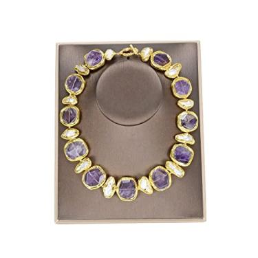 Imagem de DWBPGVUN Joias Água Doce Branca Biwa Pérola Roxo Ametista 24 KT Colar Nugget 48 cm