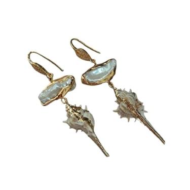 Imagem de DWBPGVUN Brincos de concha de caracol marinho banhado a ouro amarelo branco Biwa pérola pendurada estilo punk para mulheres