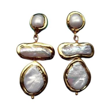 Imagem de DWBPGVUN Conjunto de brincos de colar e pulseira banhado a ouro com moeda de pérola branca cultivada em água doce, One Size, Ágata