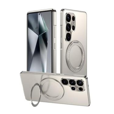 Imagem de HUHUCASE Capa para celular Samsung S24/S25Ultra Metal com anel giratório de 360°, suporte magnético, capa protetora antiqueda multifuncional (prata, S24 Ultra)