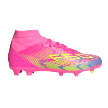 Imagem de adidas Chuteira feminina F50 League Mid Top Firm Multi Ground Soccer Cleats, Rosa lúcido/limão lúcido/azul fusão, 34