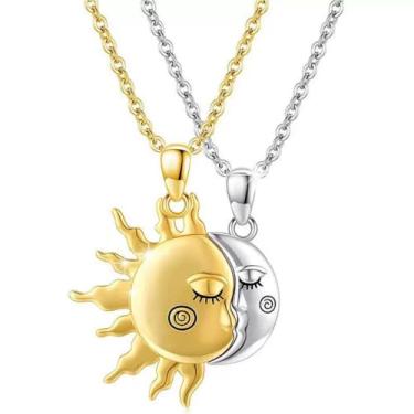 Imagem de Dtja 2 colares com pingente de lua celestial e sol para mulheres e homens, banhado a ouro 18 k, corrente de elos ajustáveis combinando com rosto humano, joias exclusivas para casamento, dia dos