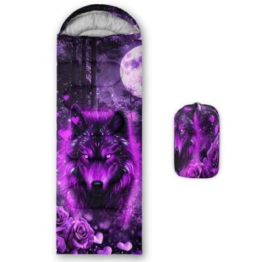 Imagem de QOOMO Sacos de dormir com estampa de lobo, 3 estações, clima quente e frio, leve, sacos de dormir à prova d'água para adultos e crianças, viagens e ao ar livre, 78 x 228 cm