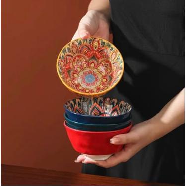 Imagem de AQUGOO 4 tigelas de cerâmica estilo boêmio, conjunto de tigelas pequenas de cerâmica de 12 cm, tigela colorida de 340 g, segura para lava-louças e micro-ondas - para sobremesa, salada, sopa, etc