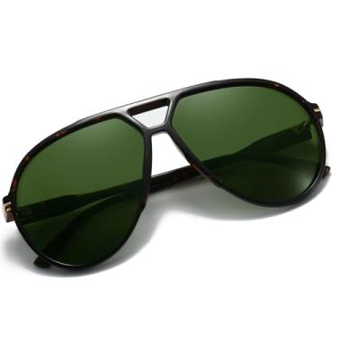 Imagem de Hanj Óculos de sol femininos masculinos, vintage, retrô, aviador, óculos de sol modernos, grandes, clássicos dos anos 70, Armação de tartaruga com lente verde