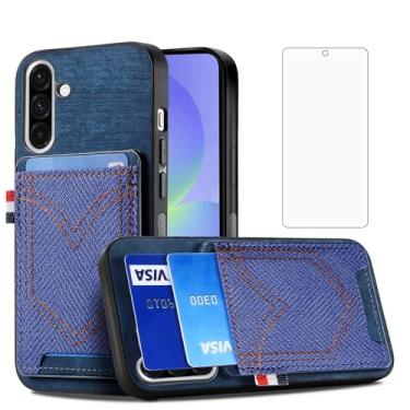 Imagem de Asuwish Capa de celular para Samsung Galaxy A56 5G Magnético Móvel Fina com Protetor de Tela de Vidro Temperado e Denim PU Couro Titular Cartão de Crédito Acessórios A 56 56A LTE Mulheres Homens Azul
