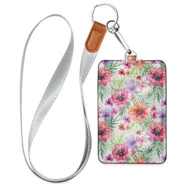 Imagem de Burbuja Porta-crachá de couro com cordão, etiqueta de identificação de flores com 1 janela transparente para identidade e 2 compartimentos para cartão para escritório, enfermeira, professor, médico