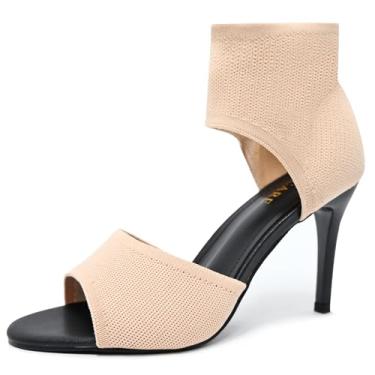 Imagem de SICARE Sandálias femininas de salto agulha sexy de 7,6 cm com bico aberto, salto alto, elástico, sem fecho, sapatos confortáveis para formatura, festa e trabalho, Bota de damasco/9,4 cm, 35