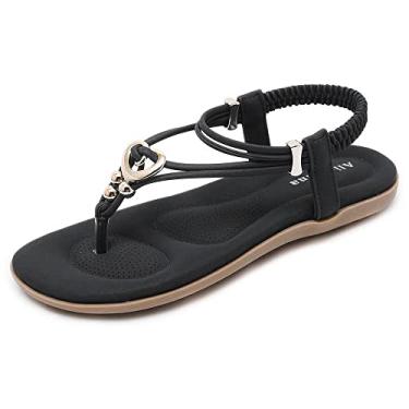 Imagem de Alicegana Sandálias femininas de verão, boêmia com contas, tira no tornozelo, casual, sandálias femininas sensuais, sapatos confortáveis, Preto, 41