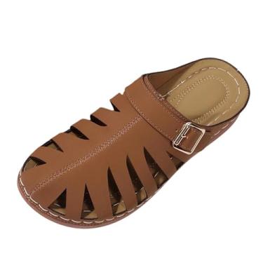 Imagem de Sandálias femininas de verão baotou com parte inferior grossa meia pantufa salto plataforma sapatos casuais confortáveis para atividades ao ar livre, Marrom, 38