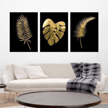Imagem de Kit 03 Quadros Decorativos Folhas Tropicais Dourado