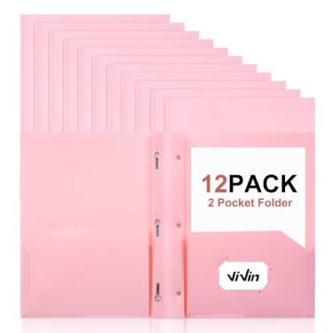 Imagem de ViVin Pasta de plástico resistente com bolsos, pacote com 12, pastas resistentes de dois bolsos com 3 pinos, comporta papel tamanho carta, pastas de arquivo com slot para cartão de visita para escola