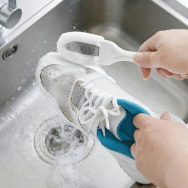 Imagem de Escova de limpeza de sapatos, limpador multifuncional de escova de sapatos de cabo longo, cerdas macias penduráveis, limpeza de sapatos para chapéu, bolsa, Branco, 9.64X2.08IN