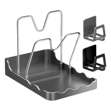 Imagem de Organizador de tampa de panela - Rack de armazenamento de tampa 2 em 1 com 2 escorredores de esponja - Organizador de tampa de panela de bancada | para pia de canto de armário de bancada de cozinha