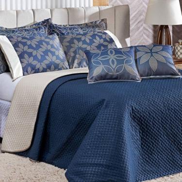 Imagem de Cobre Leito Arabesco Azul Marinho-caqui Dupla Face Com Almofadas Casal Padrão 07 Peças