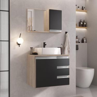 Imagem de Conjunto Gabinete Banheiro Prisma 60cm Gabinete + Cuba + Espelheira Com Vidro Madeirado Preto