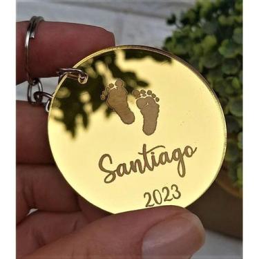 Imagem de 30 Chaveiro Infantil Nascimento em Acrílico Espelhado Dourado- Persona