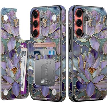 Imagem de Goodon Capa carteira para Samsung Galaxy S25 Plus com porta-cartão, bloqueio RFID, capa floral vintage estética, capa protetora retrô moderna exclusiva para mulheres e meninas - Lótus roxo chique