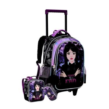 Imagem de Kit Escolar Mochila Rodas + Lancheira + Estojo Wandinha Roxo