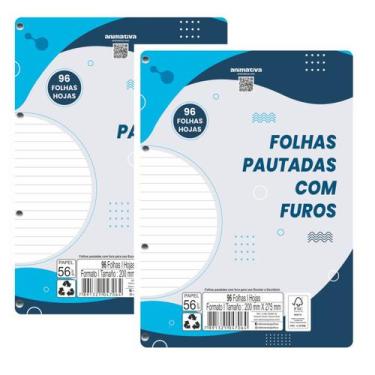 Imagem de Kit 2 Refil Fichário A4 Pautado 96 Folhas Cada c/ Furos - Animativa