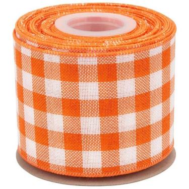 Imagem de Fita decorativa aramada xadrez branco com laranja 9 metros - BELA FLOR