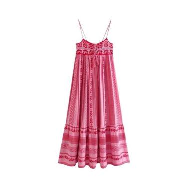 Imagem de Vestido Midi Boêmio Vintage Feminino Para Férias Com Alças Tricotadas 