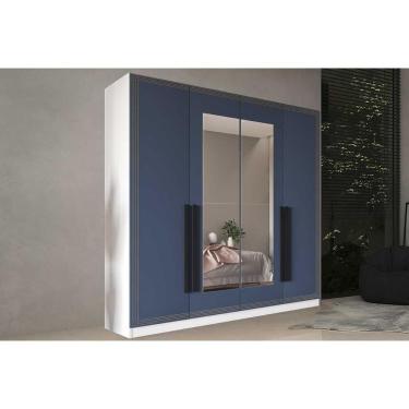 Imagem de Guarda Roupa Casal Valência 4 Portas de Bater 4 Gavetas MDF-MDP com Espelho Branco-azul Politorno