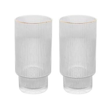 Imagem de Cj 2 Copos Altos de Vidro Transparente C/Fio de Ouro Lines 400ml Wolff
