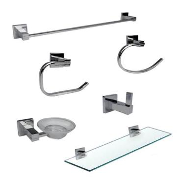 Imagem de Kit Acessórios Banheiro Em Aço Inox E Vidro 6 Peças Cromado - KOKAY