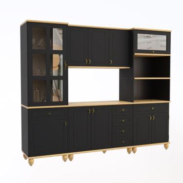 Imagem de Cozinha Compacta Retrô 4 Peças 10 Portas 3 Gavetas MDF Preto Marfim com Tampo Madeira