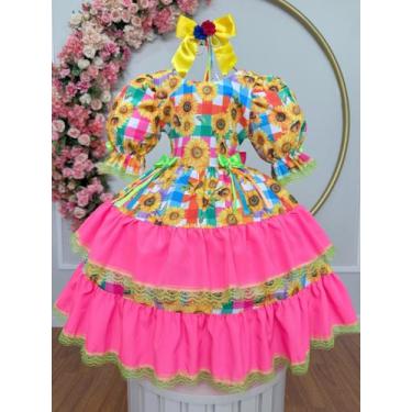 Imagem de Vestido Festa Junina Infantil Rosa Chiclete Xadrez Girassol Junino Cai