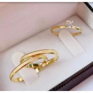 Imagem de Par de alianças de namoro diamantada banhada a ouro 18K 2mm + solitári