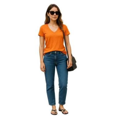 Imagem de T-shirt Feminina Acostamento Gola V Fashion Conforto, G, Laranja