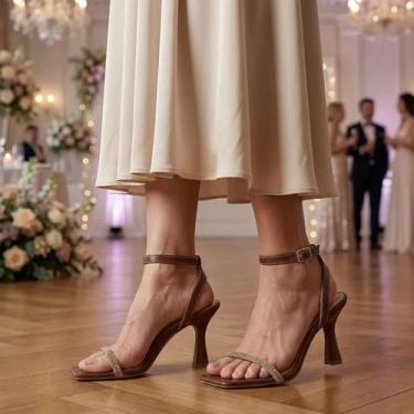 Imagem de Sandália Feminina Salto Taça Fino Médio FestaTira Strass Brilho - LAZZ