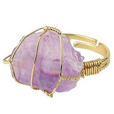 Imagem de Mona43Henry pedra natural cristal cura crua, dedo cristal pedra natural envolto em fio chacra com personalidacolorida, anel ajustável, joia cura para mulheres e meninas nobres