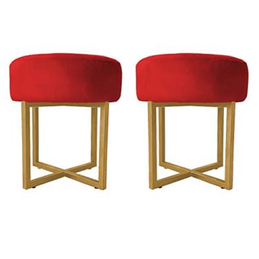 Imagem de 02 Puff Decorativo Madrid Luxo Dourado Assento Suede Vermelho - Folk Móveis