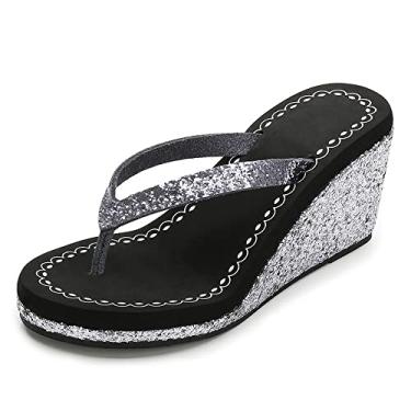 Imagem de Chinelo feminino com strass e purpurina, novo plataforma, chinelos para o verão, Preto, 5.5