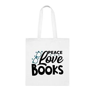Imagem de Peace Love Books 4 sacolas, presente divertido para amantes de livros, bolsa de ombro, bolsas reutilizáveis, cesta de Natal de aniversário, ideia de presente, Branco