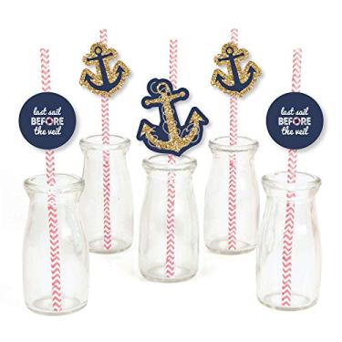 Imagem de Canudos decorativos listrados para festa de despedida de solteira Big Dot of Happiness Last Sail Before the Veil – Decoração de canudo de papel de palha de papel para casamento náutico – Conjunto com 24