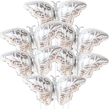 Imagem de Balão de borboleta prata enorme – 96 x 48 cm, pacote com 6 | balões de borboleta Mylar, decorações de aniversário de borboleta | Balão de folha de borboleta, decorações de chá de bebê borboleta para meninas | Decoração de borboleta