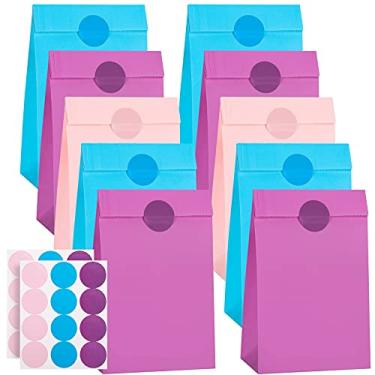 Imagem de Cooraby 30 peças de sacos de papel Kraft coloridos de 12 x 8 x 24 cm com 48 adesivos para festa de casamento, celebração, artigos de festa de aniversário (azul celeste, roxo claro, rosa)