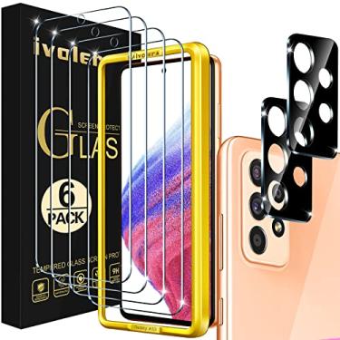 Imagem de ivoler [Pacote com 4 + 2] Protetor de tela para Samsung Galaxy A53 5G 6,5 polegadas 2022 [pacote com 4] com [pacote com 2] protetor de lente de câmera vidro temperado com [moldura de alinhamento